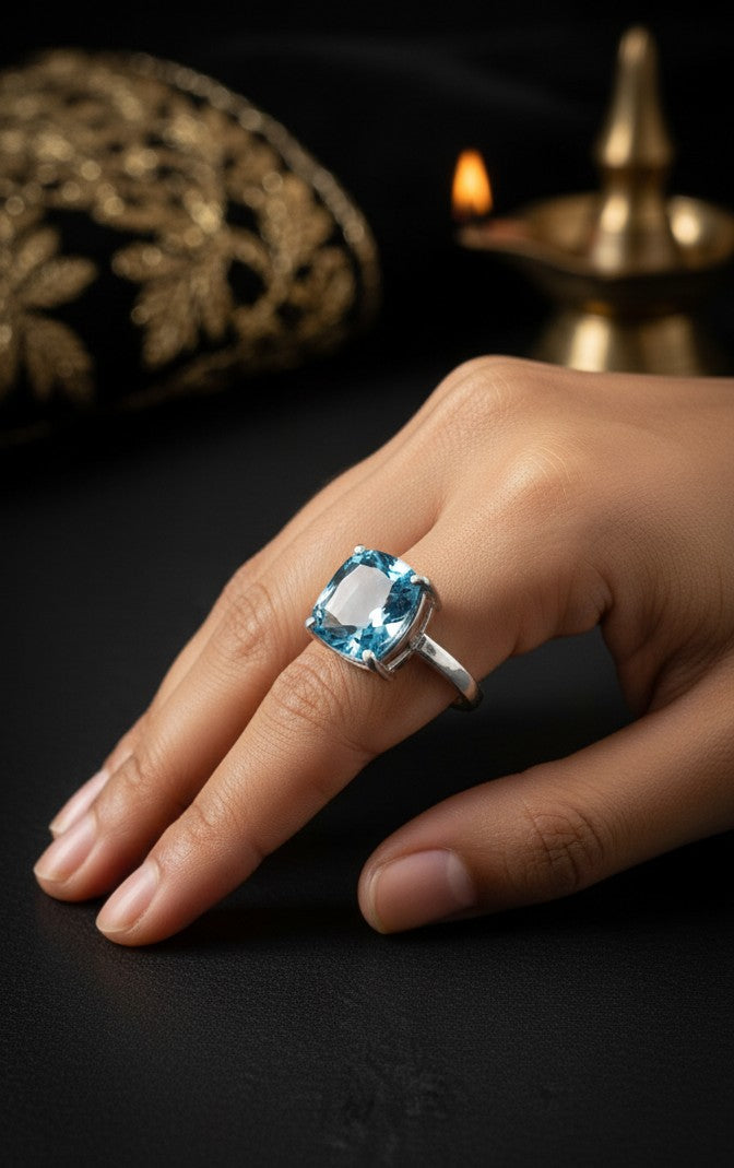 Deep Ocean Solitaire Ring: Natural London Blue Topaz in Sterling Silver