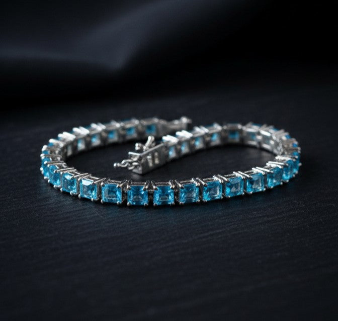 Ocean Sparkle Eternity Band: Natural Square Blue Topaz Tennis Bracelet