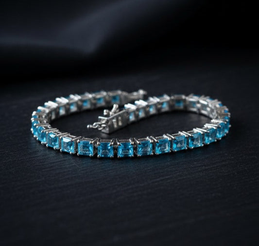Ocean Sparkle Eternity Band: Natural Square Blue Topaz Tennis Bracelet