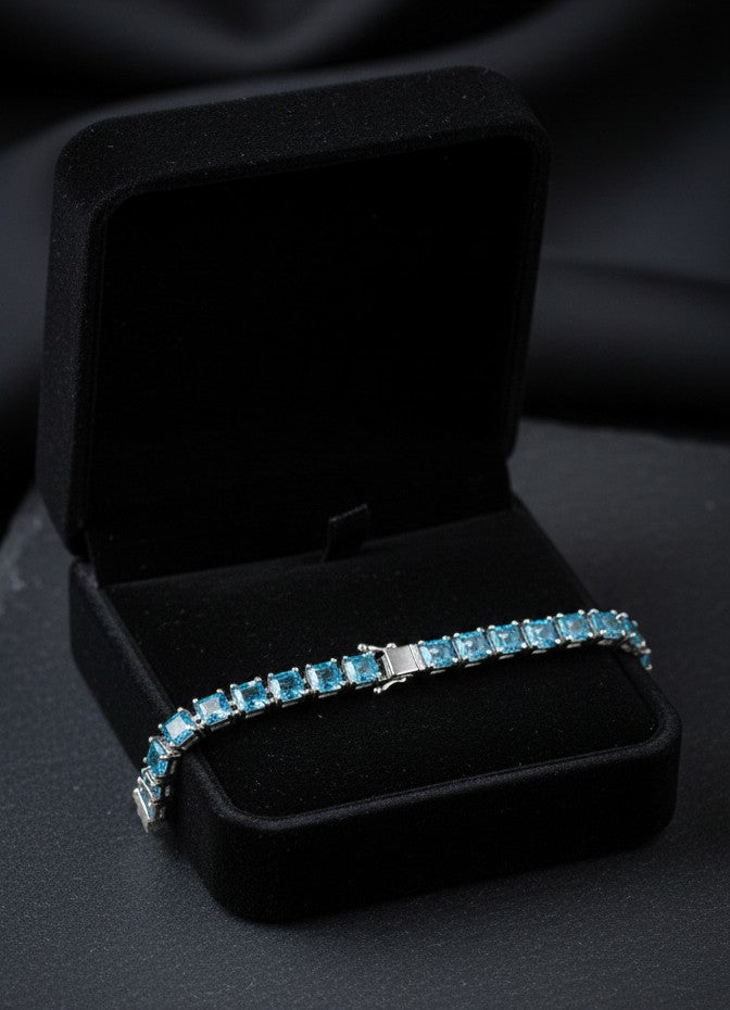 Ocean Sparkle Eternity Band: Natural Square Blue Topaz Tennis Bracelet