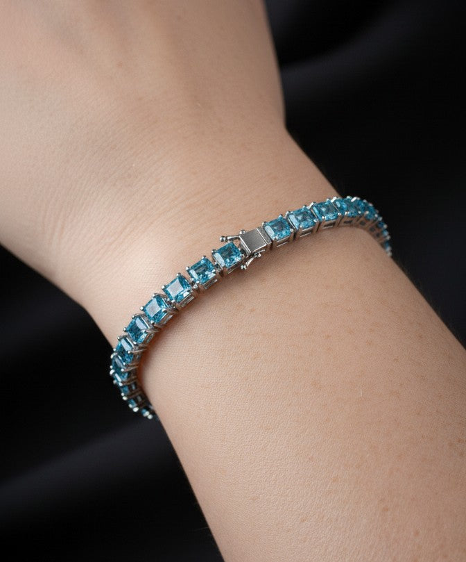 Ocean Sparkle Eternity Band: Natural Square Blue Topaz Tennis Bracelet