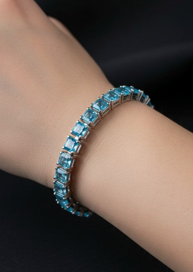 Ocean Sparkle Eternity Band: Natural Square Blue Topaz Tennis Bracelet