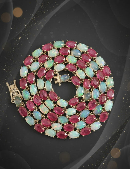 Royal Fire & Ice Necklace: Natural Ruby and Opal Alternating Tennis Necklace