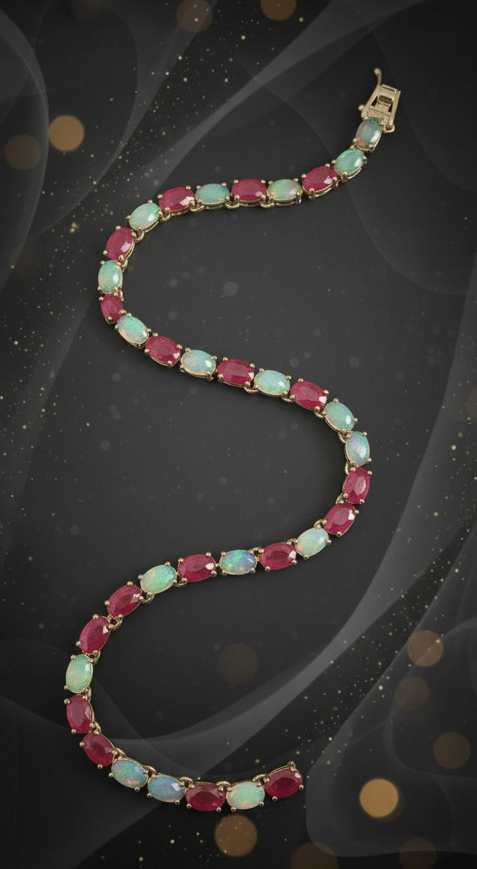 Royal Fire & Ice Necklace: Natural Ruby and Opal Alternating Tennis Necklace