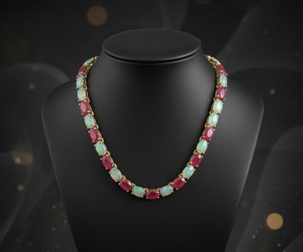 Royal Fire & Ice Necklace: Natural Ruby and Opal Alternating Tennis Necklace