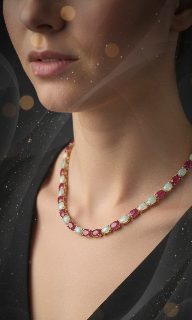 Royal Fire & Ice Necklace: Natural Ruby and Opal Alternating Tennis Necklace