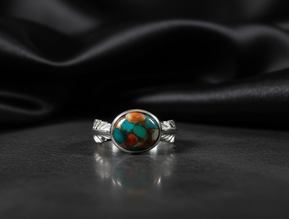 Artisan Fire Ring: Natural Spiny Oyster & Turquoise Composite Solitaire Ring