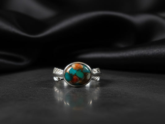 Artisan Fire Ring: Natural Spiny Oyster & Turquoise Composite Solitaire Ring