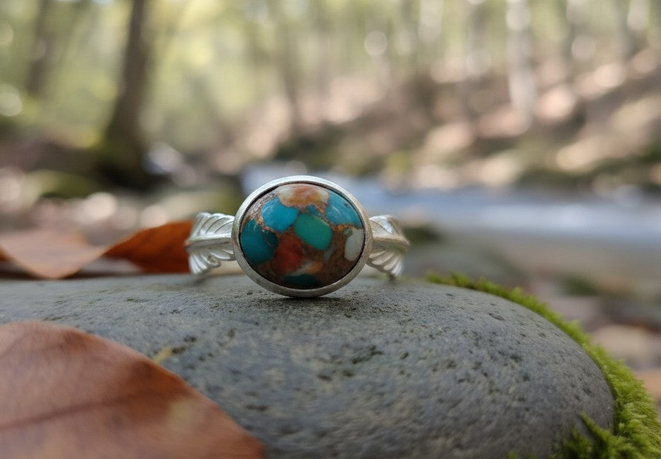 Artisan Fire Ring: Natural Spiny Oyster & Turquoise Composite Solitaire Ring