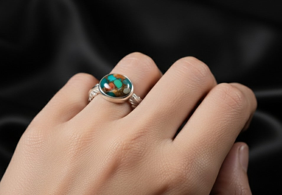 Artisan Fire Ring: Natural Spiny Oyster & Turquoise Composite Solitaire Ring