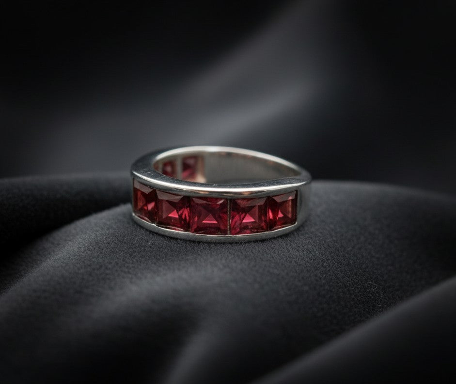Deep Passion Band: Natural Channel-Set Square Garnet Eternity Ring in Sterling Silver