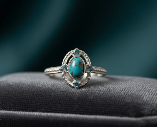 Celestial Bloom Ring: Natural Oval Turquoise & Blue Topaz Cluster in Sterling Silver