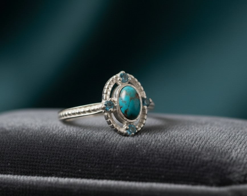 Celestial Bloom Ring: Natural Oval Turquoise & Blue Topaz Cluster in Sterling Silver