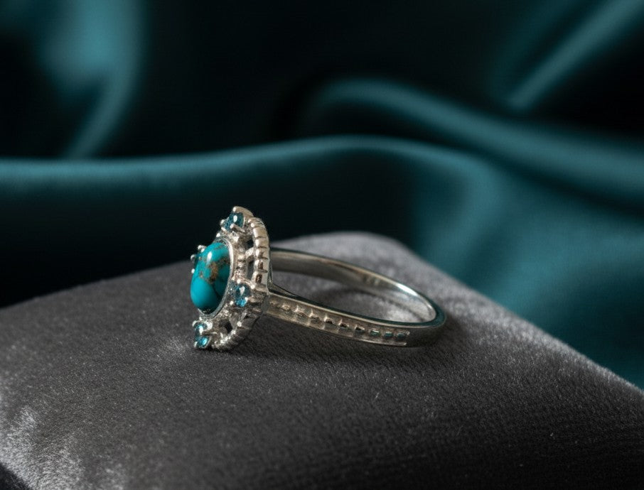 Celestial Bloom Ring: Natural Oval Turquoise & Blue Topaz Cluster in Sterling Silver