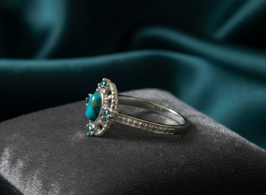 Celestial Bloom Ring: Natural Oval Turquoise & Blue Topaz Cluster in Sterling Silver