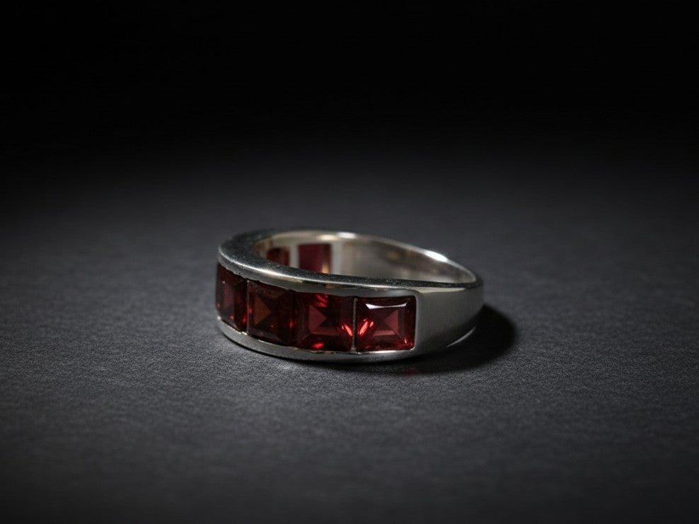 Deep Passion Band: Natural Channel-Set Square Garnet Eternity Ring in Sterling Silver
