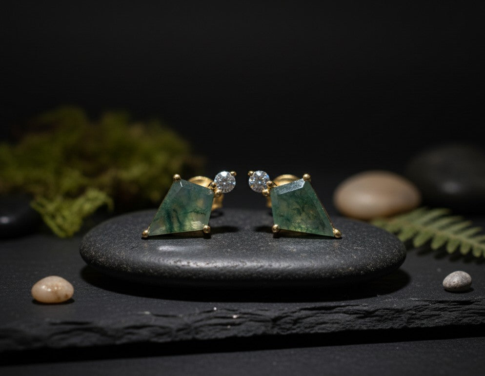 Modern Earth Studs: Natural Geometric Moss Agate & Brilliant Moissanite Earrings