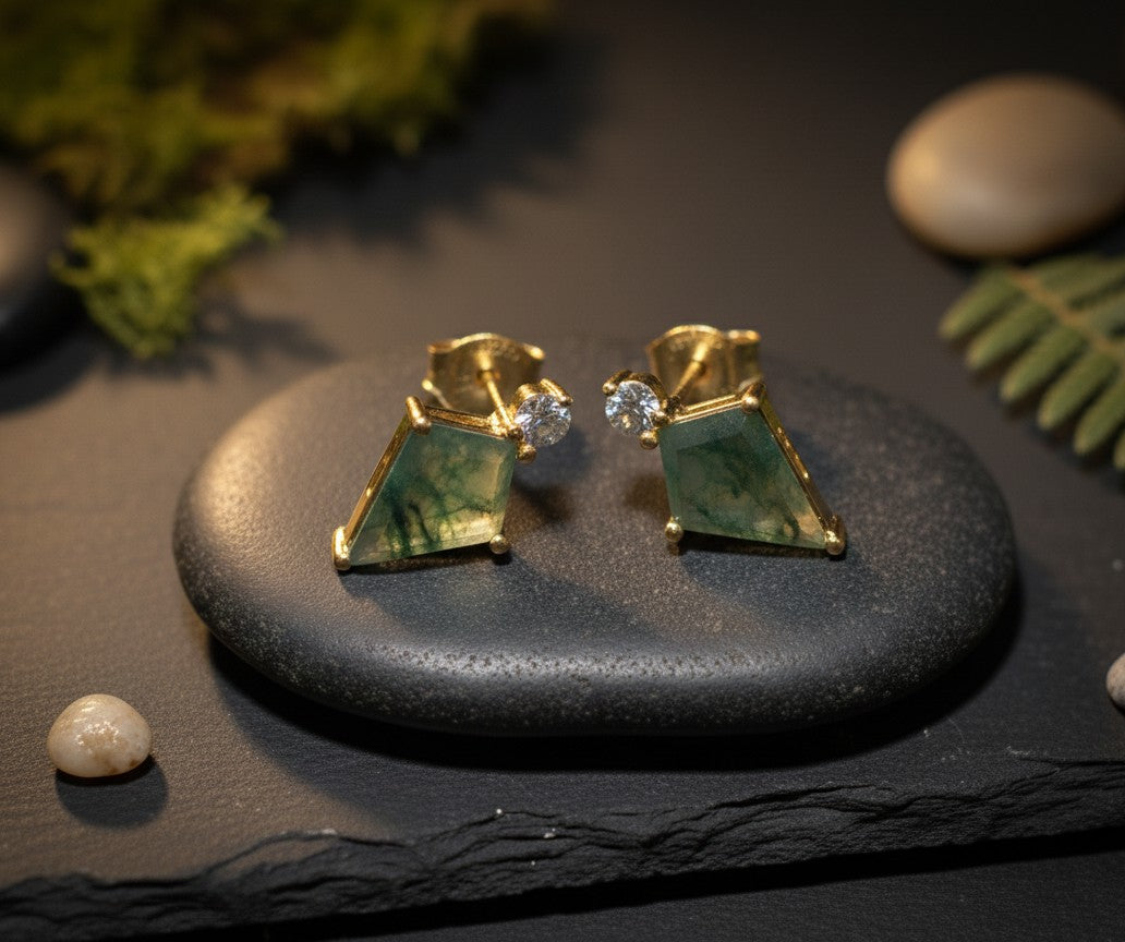 Modern Earth Studs: Natural Geometric Moss Agate & Brilliant Moissanite Earrings