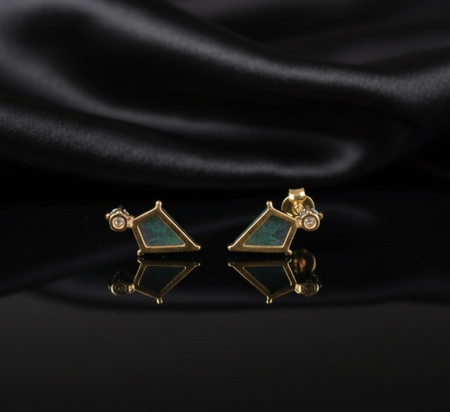 Modern Earth Studs: Natural Geometric Moss Agate & Brilliant Moissanite Earrings