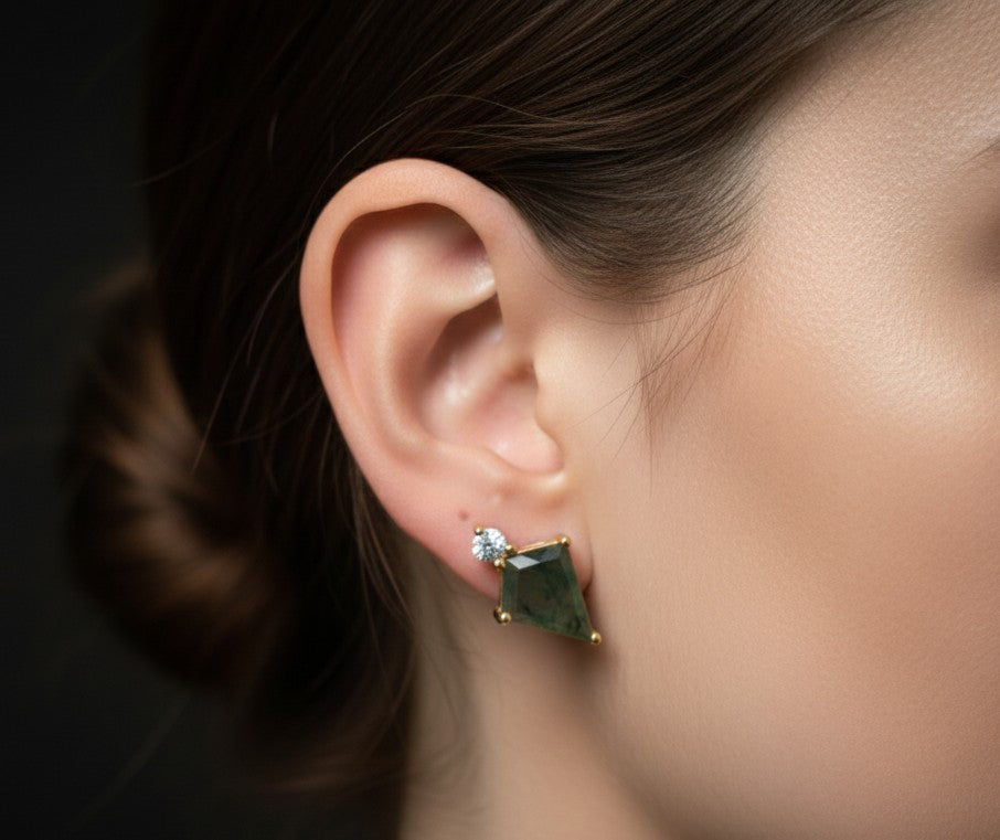 Modern Earth Studs: Natural Geometric Moss Agate & Brilliant Moissanite Earrings