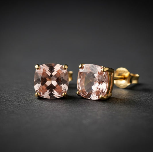 Blush of Romance: Natural Cushion Morganite Stud Earrings in Sterling Silver