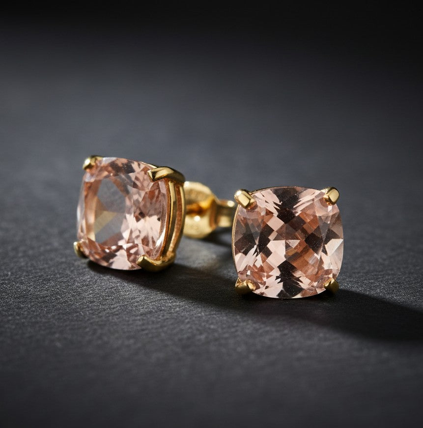 Blush of Romance: Natural Cushion Morganite Stud Earrings in Sterling Silver