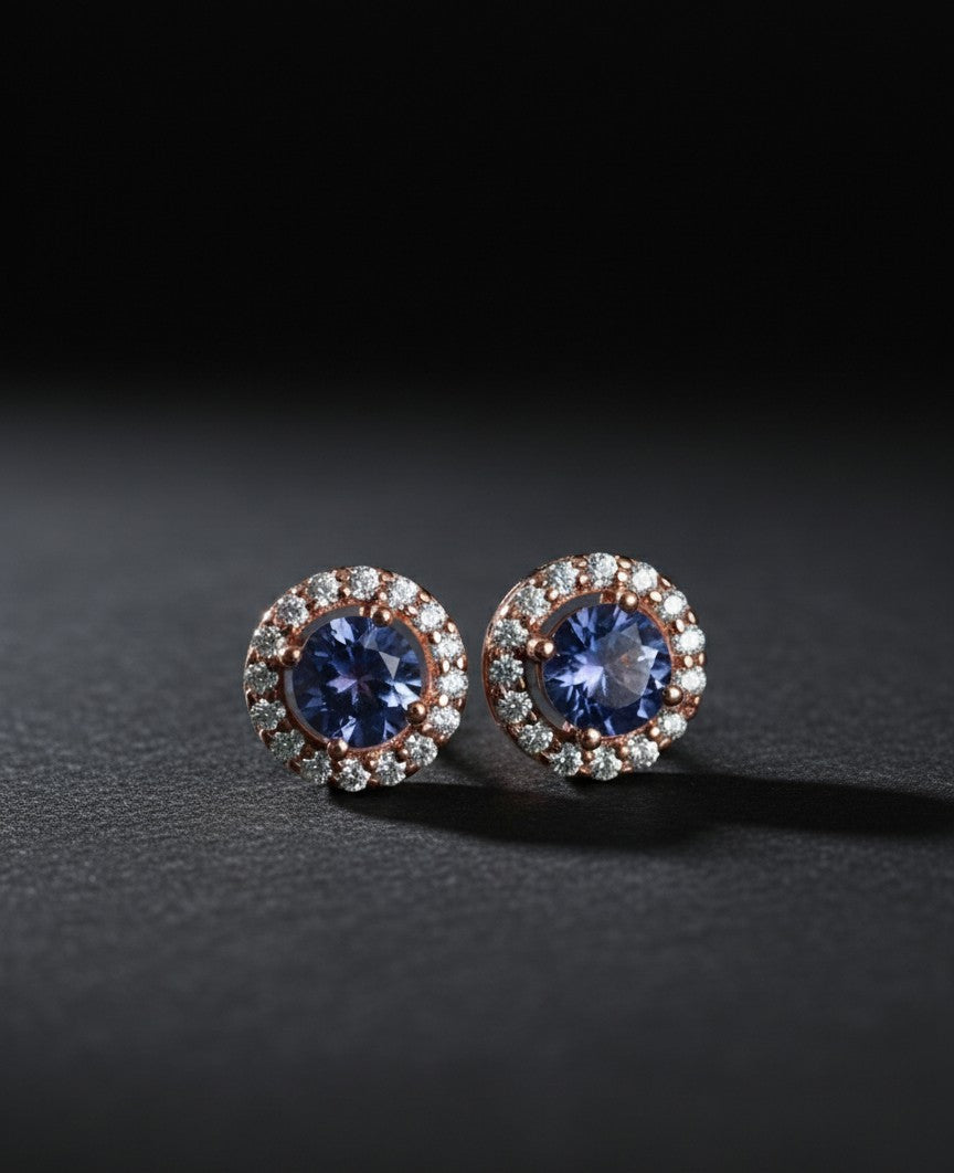 Natural Tanzanite & Moissanite Halo Stud Earrings in 925 Sterling Silver