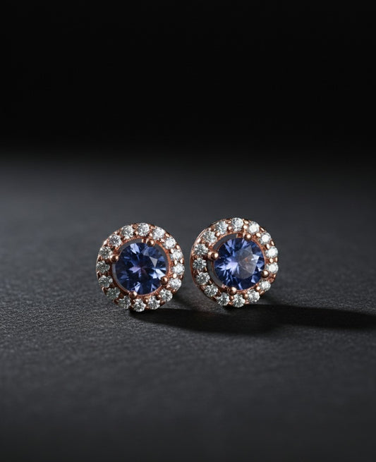 Natural Tanzanite & Moissanite Halo Stud Earrings in 925 Sterling Silver