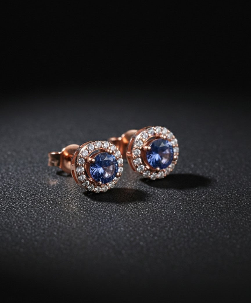 Natural Tanzanite & Moissanite Halo Stud Earrings in 925 Sterling Silver