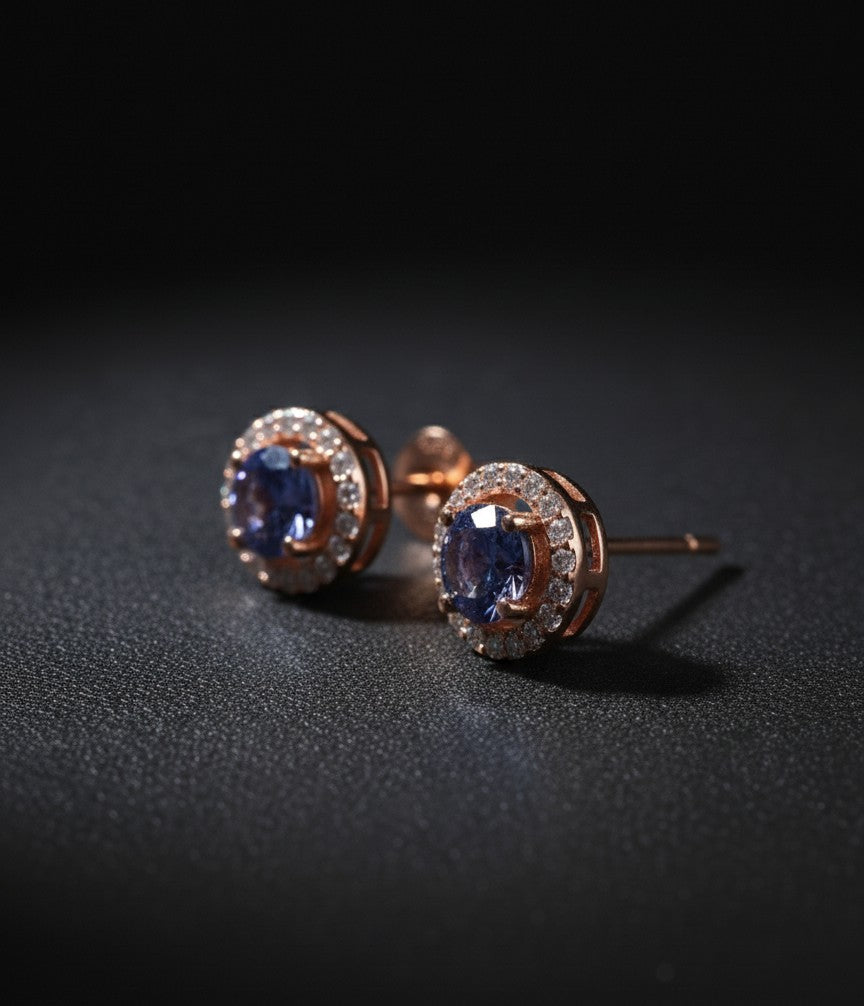 Natural Tanzanite & Moissanite Halo Stud Earrings in 925 Sterling Silver