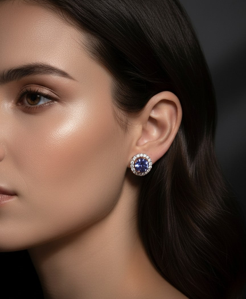 Natural Tanzanite & Moissanite Halo Stud Earrings in 925 Sterling Silver