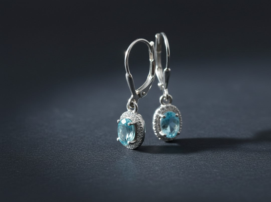 Ocean Serenity Dangles: Natural Blue Topaz Halo Drop Earrings in Sterling Silver