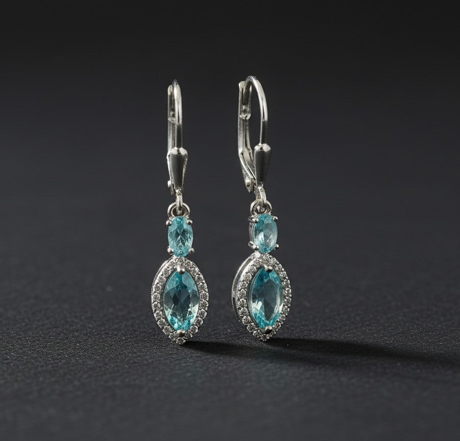 Celestial Halo Drops: Natural Blue Topaz & Brilliant Moissanite Dangle Earrings