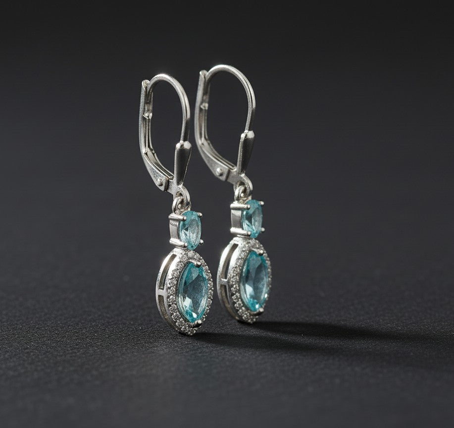 Celestial Halo Drops: Natural Blue Topaz & Brilliant Moissanite Dangle Earrings