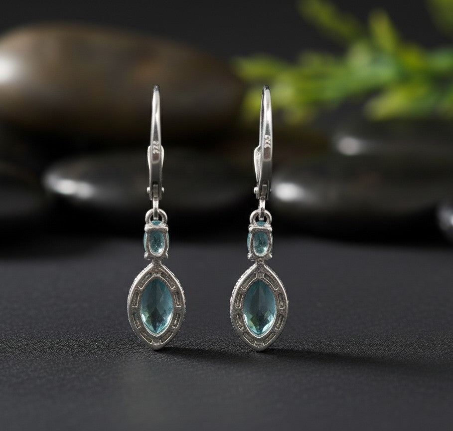 Celestial Halo Drops: Natural Blue Topaz & Brilliant Moissanite Dangle Earrings