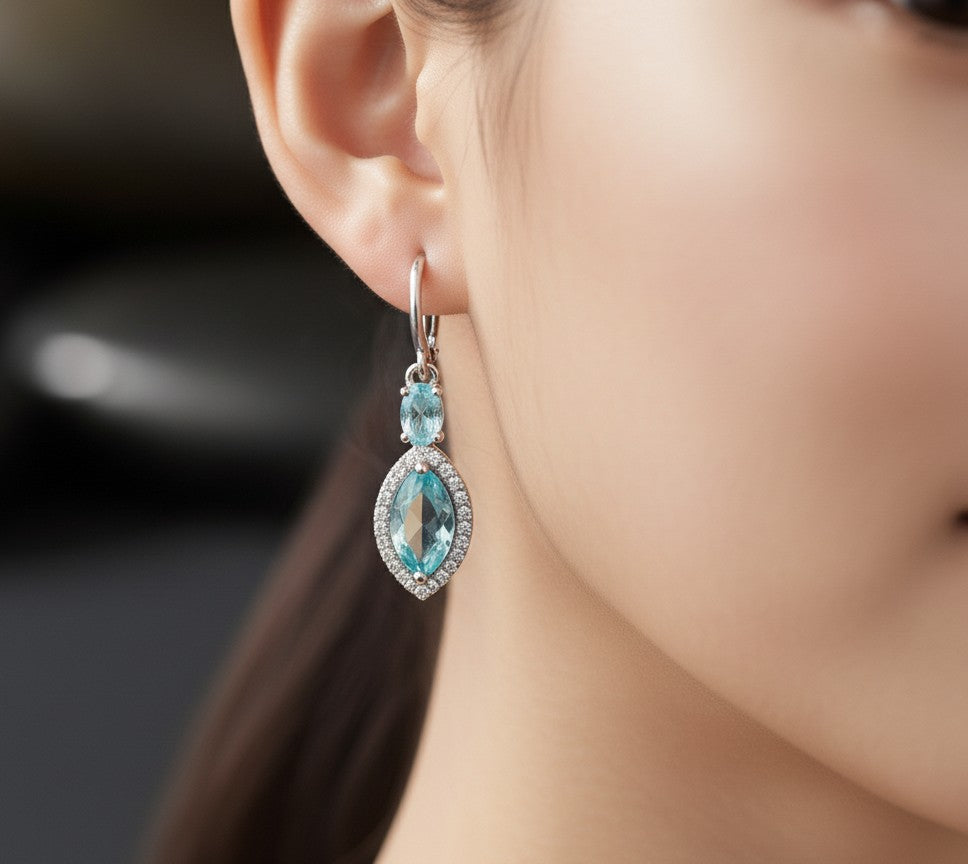 Celestial Halo Drops: Natural Blue Topaz & Brilliant Moissanite Dangle Earrings