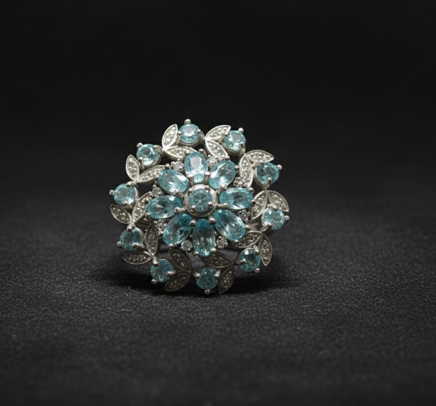 Azure Bloom Cluster Ring: Natural Blue Topaz Flower with Moissanite Accents Ring