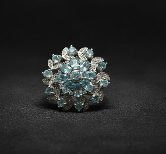 Azure Bloom Cluster Ring: Natural Blue Topaz Flower with Moissanite Accents Ring