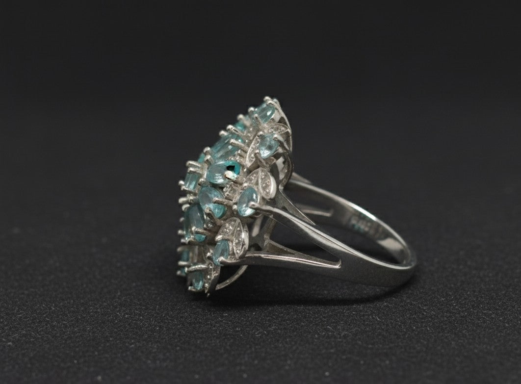 Azure Bloom Cluster Ring: Natural Blue Topaz Flower with Moissanite Accents Ring