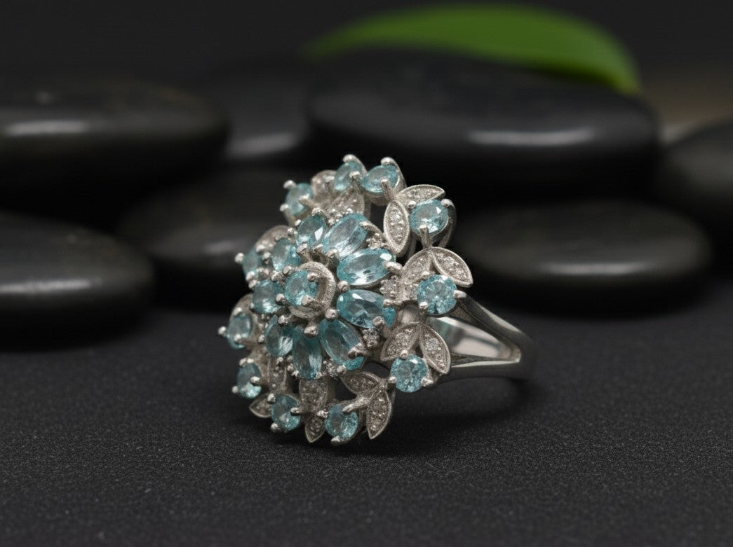 Azure Bloom Cluster Ring: Natural Blue Topaz Flower with Moissanite Accents Ring