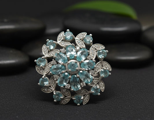 Azure Bloom Cluster Ring: Natural Blue Topaz Flower with Moissanite Accents Ring
