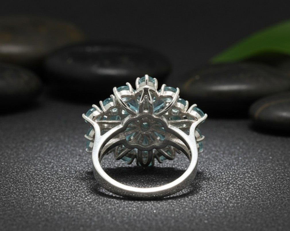 Azure Bloom Cluster Ring: Natural Blue Topaz Flower with Moissanite Accents Ring