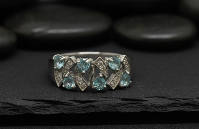 Aqua Wave Ring: Natural Blue Topaz & Moissanite Pave Band in Sterling Silver