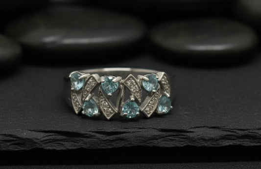Aqua Wave Ring: Natural Blue Topaz & Moissanite Pave Band in Sterling Silver