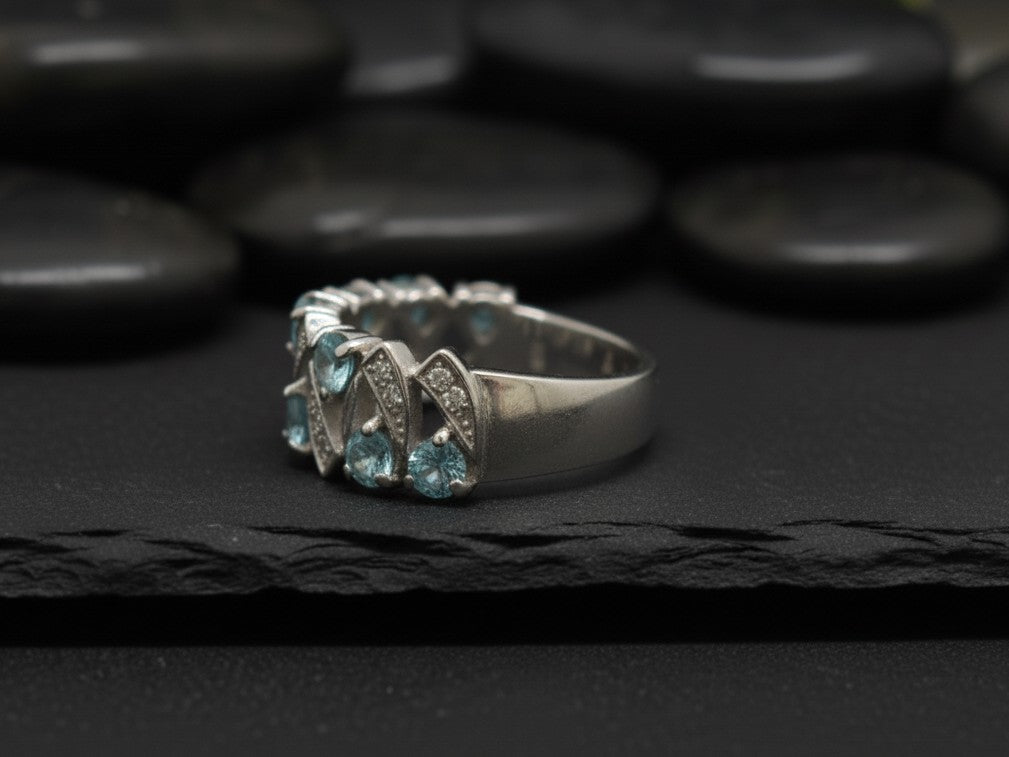 Aqua Wave Ring: Natural Blue Topaz & Moissanite Pave Band in Sterling Silver