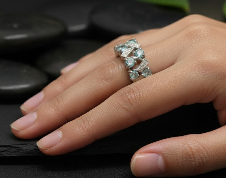 Aqua Wave Ring: Natural Blue Topaz & Moissanite Pave Band in Sterling Silver