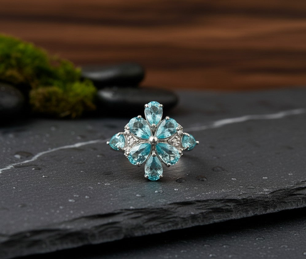 Aqua Garden Cluster Ring: Natural Blue Topaz Flower with Moissanite Accents Ring