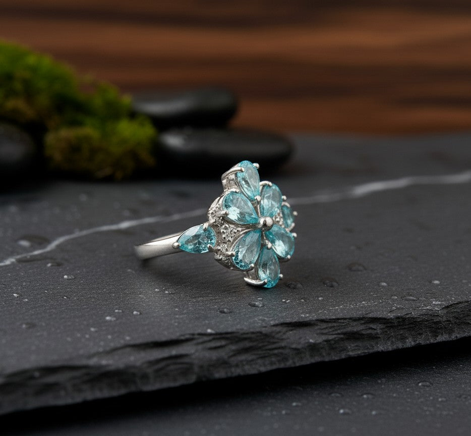 Aqua Garden Cluster Ring: Natural Blue Topaz Flower with Moissanite Accents Ring