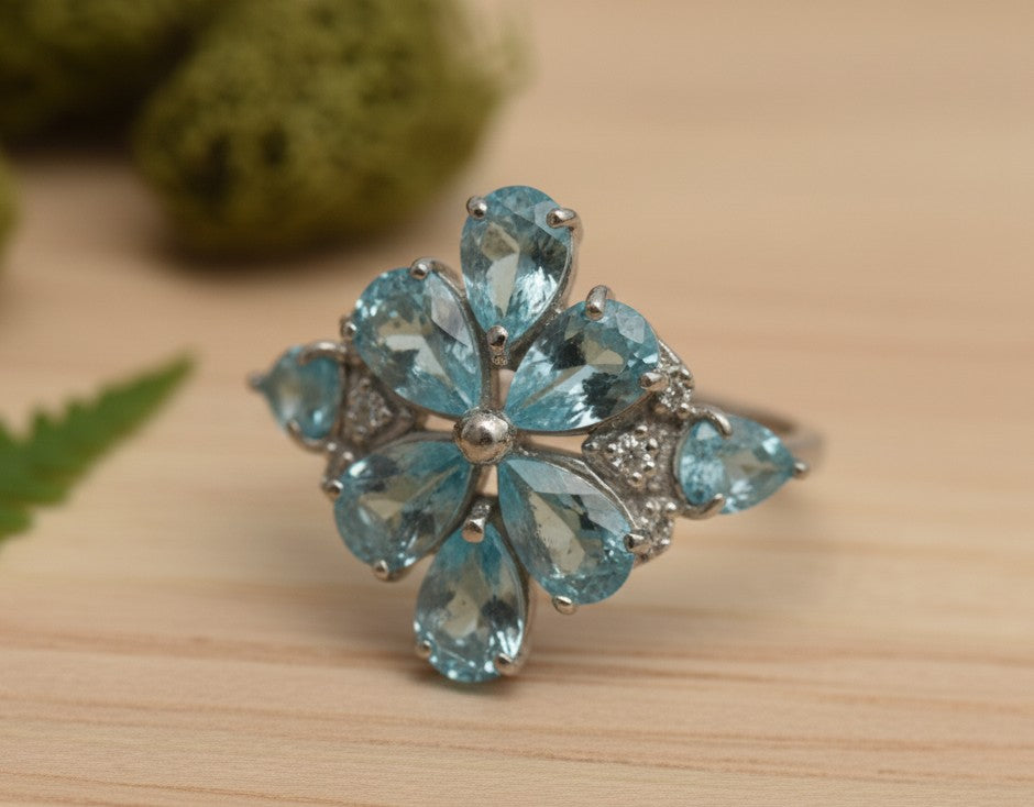 Aqua Garden Cluster Ring: Natural Blue Topaz Flower with Moissanite Accents Ring