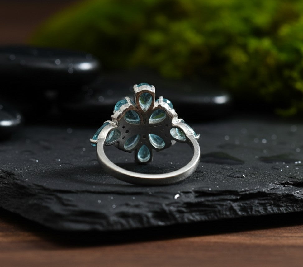 Aqua Garden Cluster Ring: Natural Blue Topaz Flower with Moissanite Accents Ring